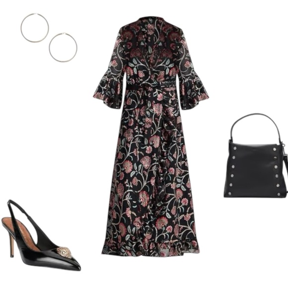 Anthropologie Talisman Black Multicolor Velvet Floral V neck Wrap Midi Dress - Picture 13 of 16